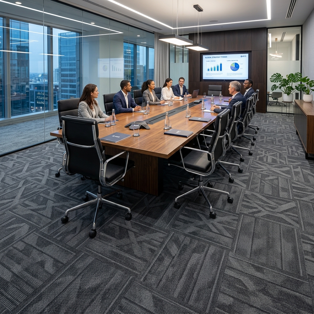 Commercial grade carpet tiles in tech boardroom