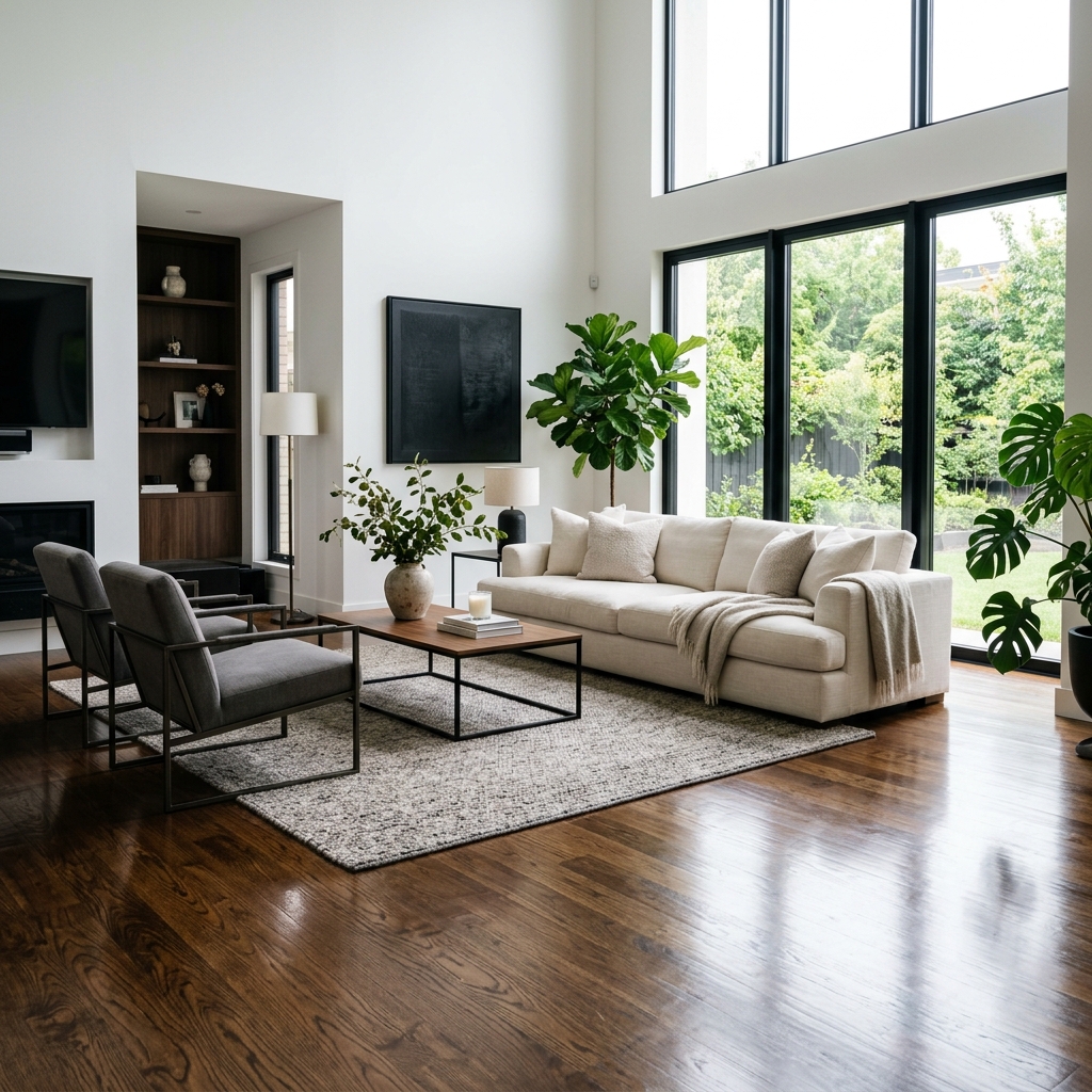 Same living room with premium polished dark oak hardwood floor after restoration